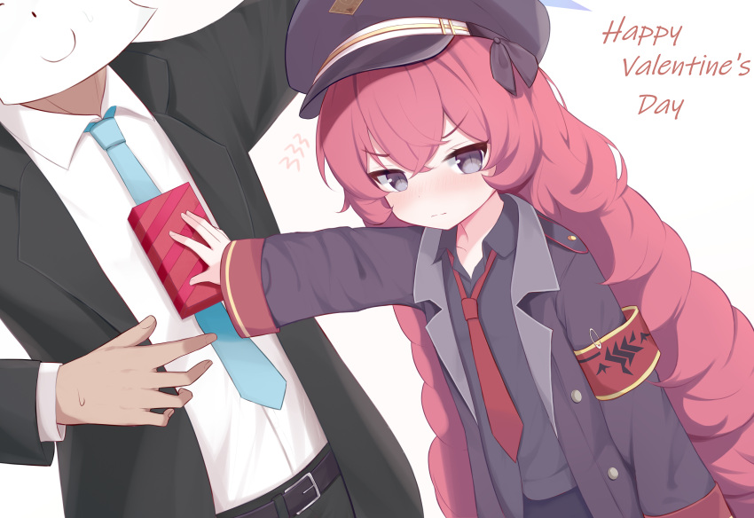 1boy, 1girl, armband, arona's_sensei_doodle_(blue_archive), belt, belt_buckle, black_belt, black_coat