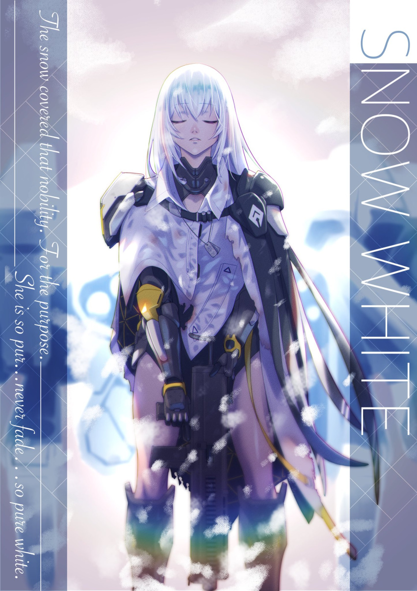 1girl, blizzard, cloak, full_body, fune_(fune93ojj), goddess_of_victory:_nikke, gun, hand_on_weapon, highres, mecha_musume, mechanical_arms, medium_hair, mountain, outdoors, snow, snow_white_(nikke), solo, thighs, visor_(armor), weapon, white_cloak, white_hair, yellow_eyes