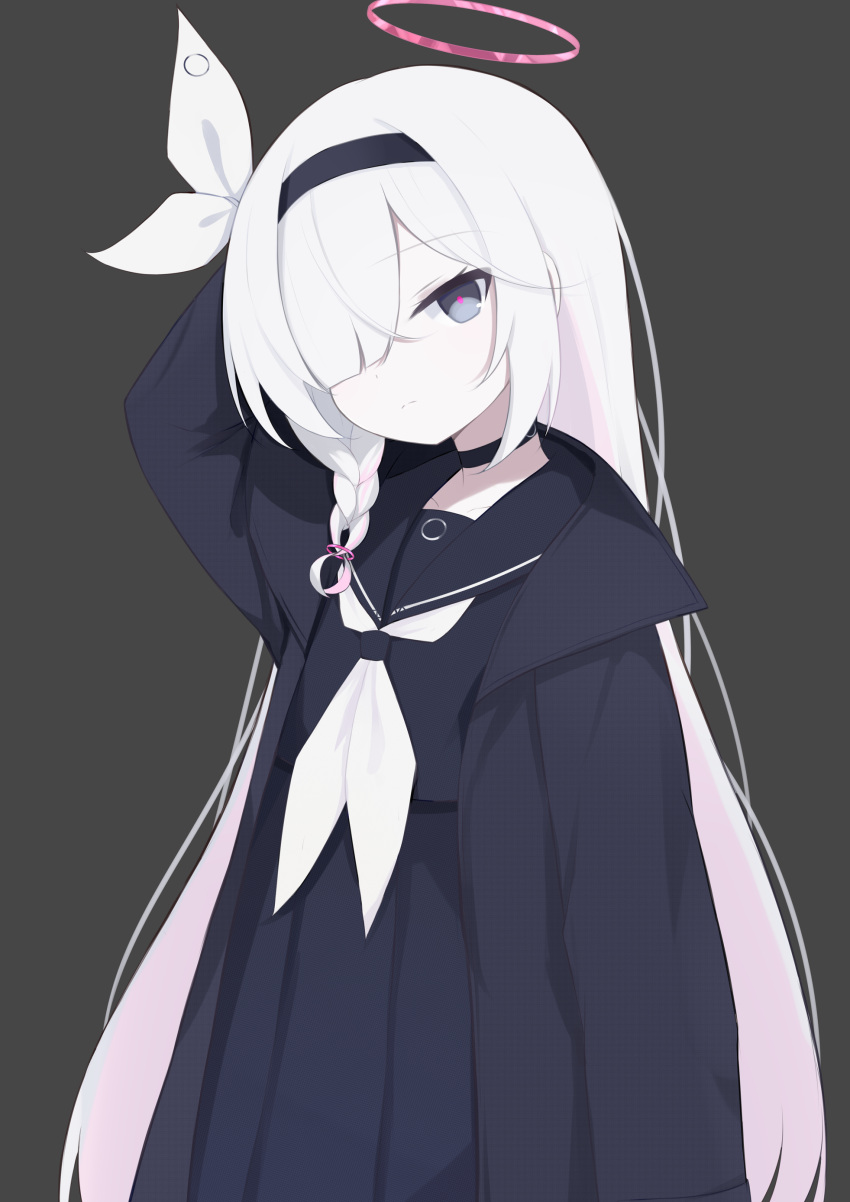 1girl, a.r.o.n.a_(blue_archive), absurdres, arm_up, black_choker, black_coat, black_eyes, black_hairband