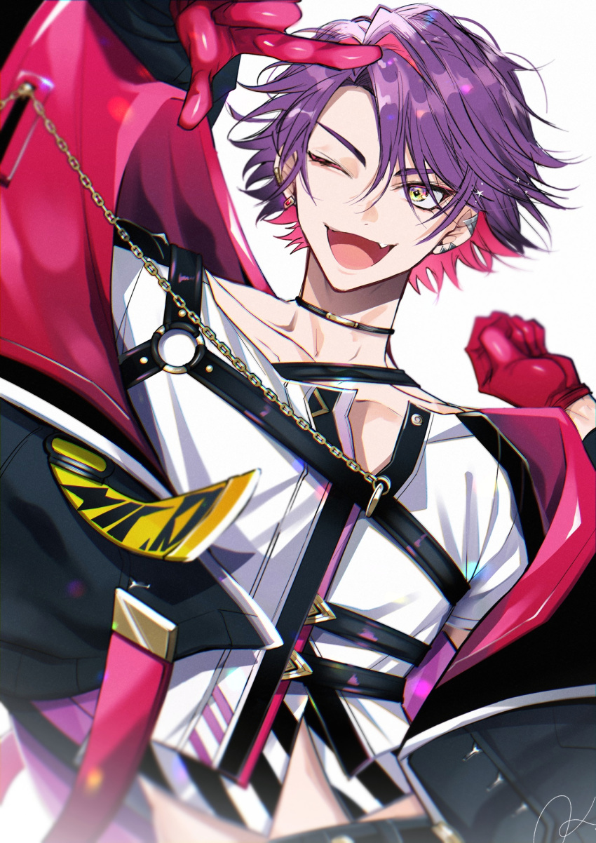 1boy, choker, ear_piercing, facing_viewer, gloves, highres, jacket, long_sleeves