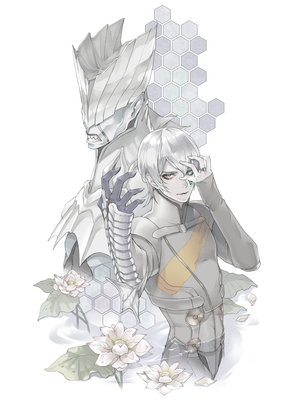 1boy, back-to-back, bishounen, bodysuit, demon, digital_devil_saga, eyelashes, facial_tattoo