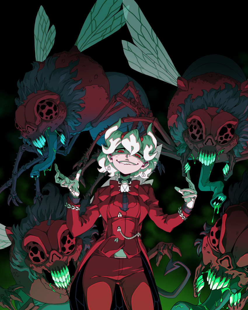 1girl, absurdres, beelzebub_(helltaker), black_giraffe, black_pants, bug, business_suit, demon_girl