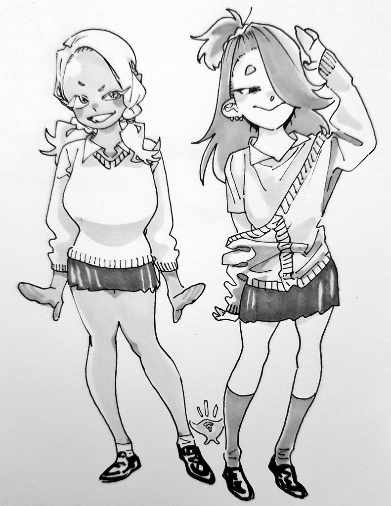 2girls, ankle_socks, arm_up, arms_at_sides, bare_legs, black_footwear, cardigan, collared_shirt