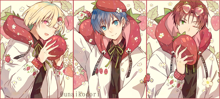 3boys, amamine_shu, aqua_eyes, blue_hair, bow, c.first_(idolmaster), collared_shirt, column_lineup