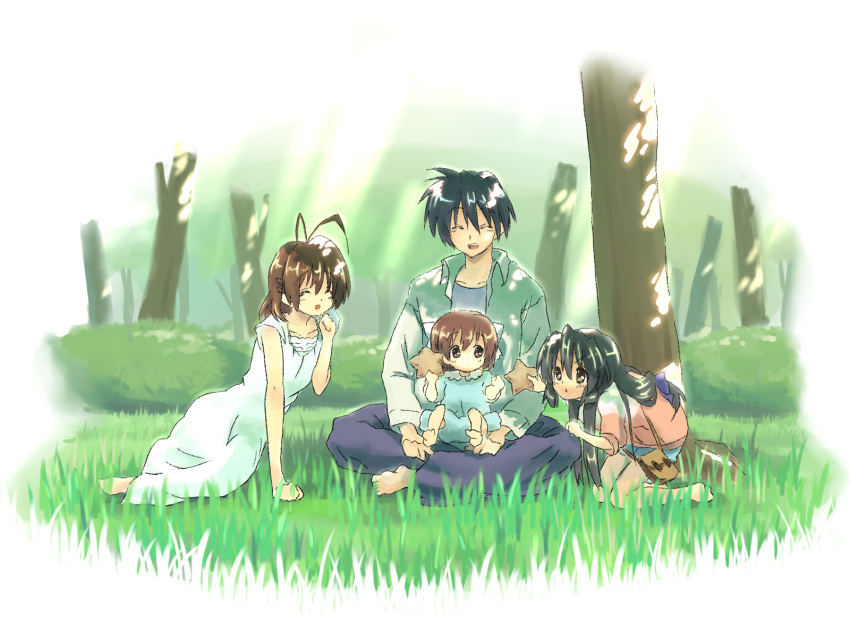 clannad, family, furukawa_nagisa, grass, highres, husband_and_wife, ibuki_fuuko, kou_(ahondnara), okazaki_tomoya, okazaki_ushio, tree