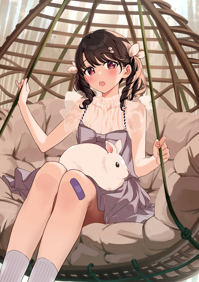 1girl, absurdres, bandaid, blush, cushion, dress, fukumaru_koito, hair_ornament, hanging_chair, highres, idolmaster, idolmaster_shiny_colors, looking_at_viewer, nonbire, open_mouth, rabbit, ribbon, see-through, see-through_sleeves, sitting, skirt, solo, suspender_skirt, suspenders, twintails, white_dress
