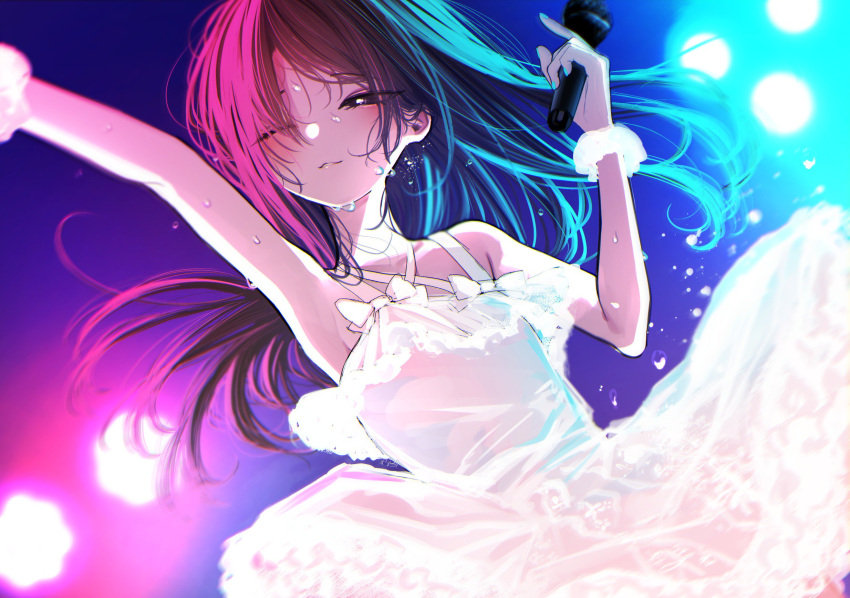 1girl, arm_up, bad_id, bad_twitter_id, bare_shoulders, blush, brown_eyes, brown_hair