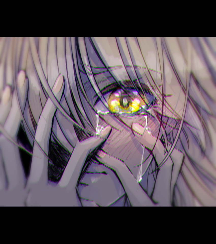 2girls, absurdres, black_hair, blonde_hair, blush, crying, eye_reflection, hair_over_one_eye