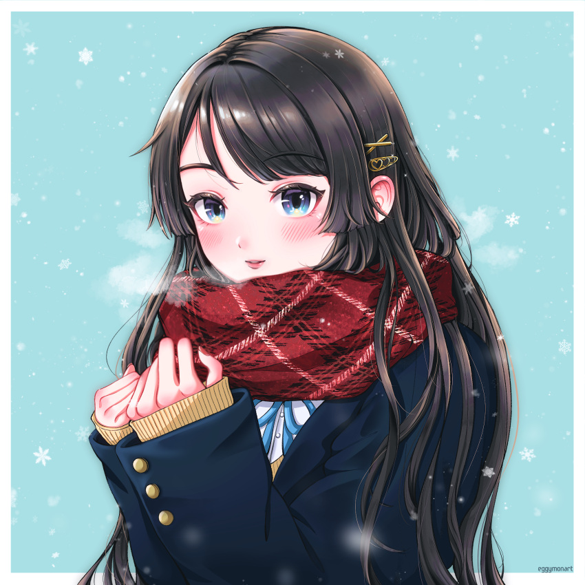 1girl, akiyama_mio, artist_name, black_hair, blazer, blue_eyes, blue_jacket, blue_ribbon, blush, breath, eggymon, hair_behind_ear, hair_ornament, hairclip, highres, jacket, k-on!, long_hair, looking_at_viewer, neck_ribbon, parted_lips, plaid, plaid_scarf, red_scarf, ribbon, scarf, shirt, sleeves_past_wrists, smile, snowing, solo, white_shirt