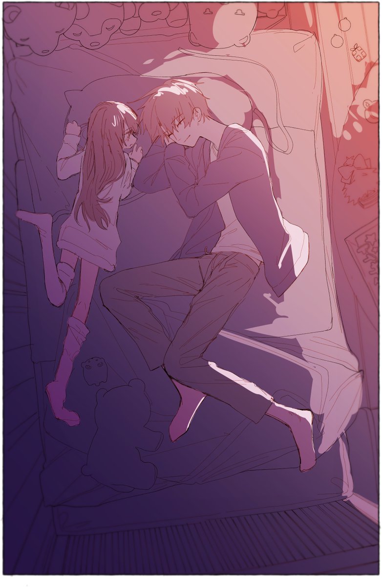 1boy, 1girl, bad_id, bad_twitter_id, barefoot, brother_and_sister, brown_hair, closed_eyes