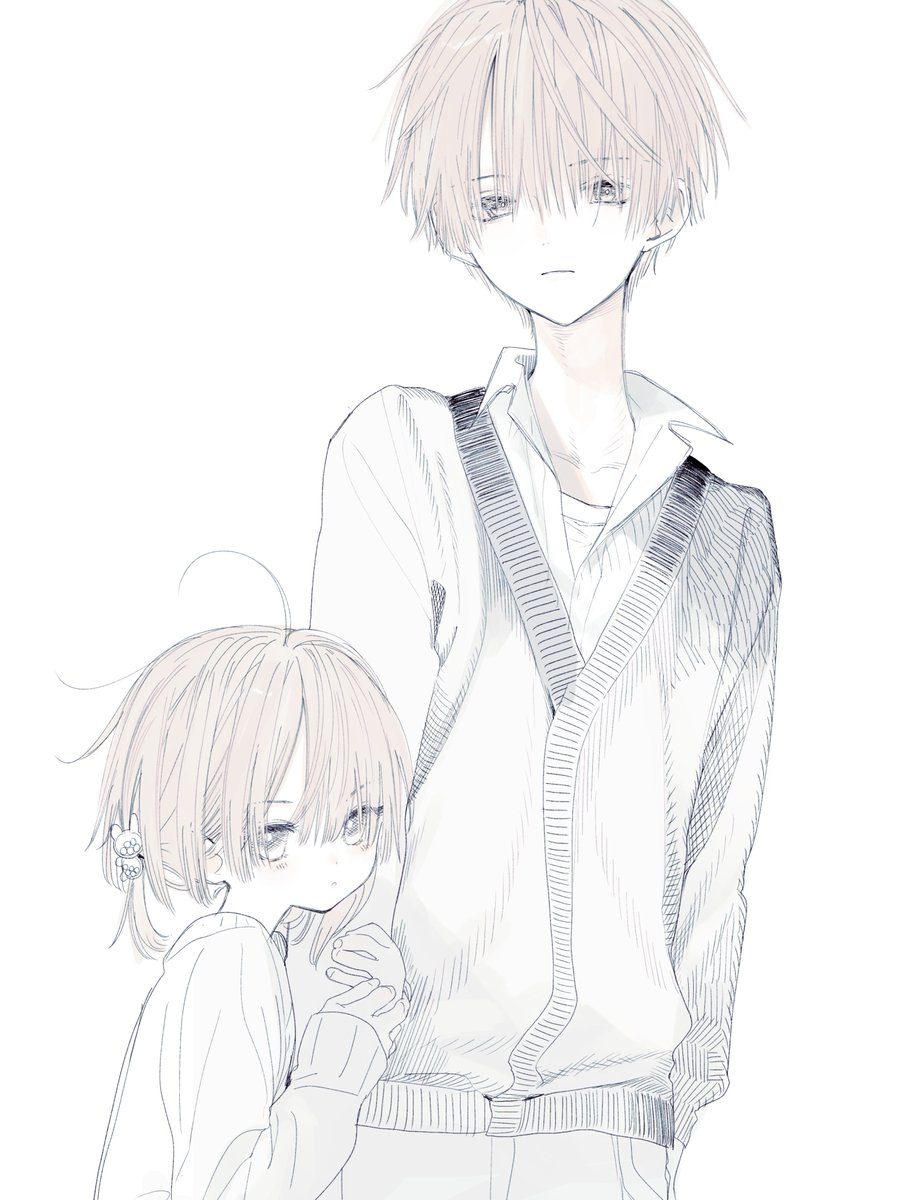 1boy, 1girl, ahoge, arm_hug, bad_id, bad_twitter_id, brother_and_sister, brown_hair