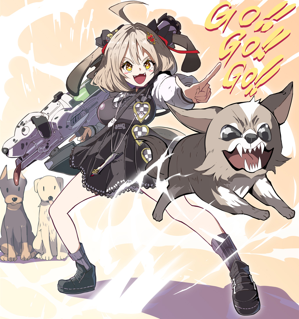 !, 1girl, :d, ahoge, animal, animal_ears, biscuit_(nikke), black_dress