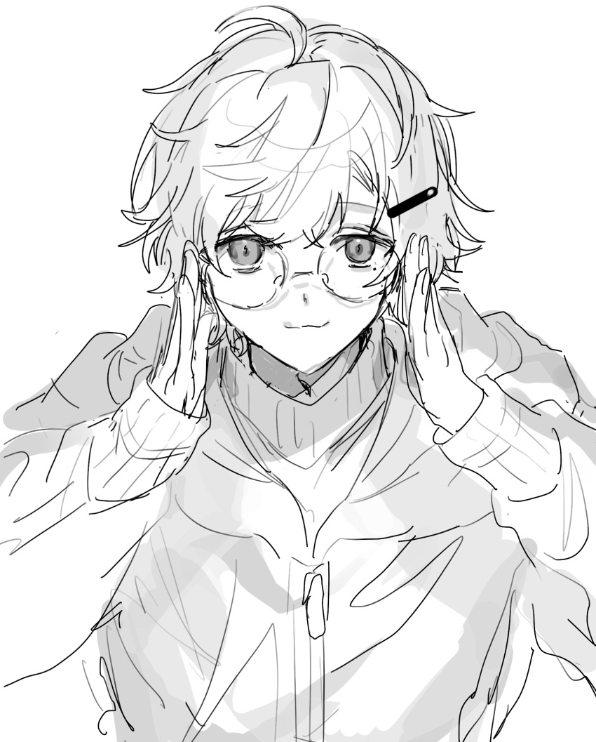 1boy, :3, adjusting_eyewear, ahoge, closed_mouth, glasses, grey_eyes, greyscale
