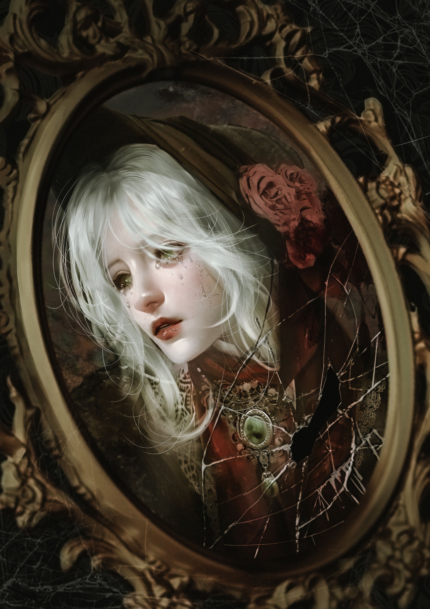 1girl, absurdres, bleeding_sun, bloodborne, crying, flower, highres, mirror