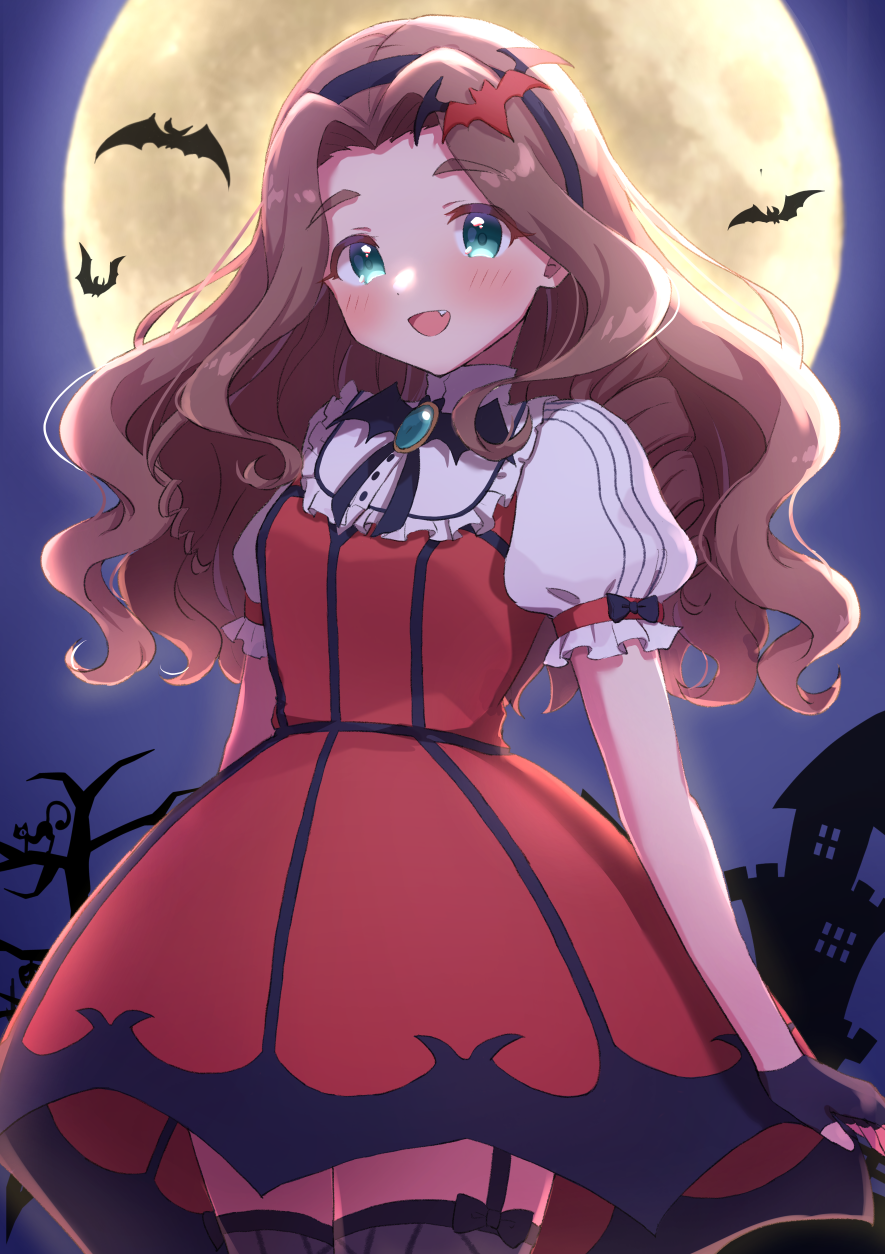 1girl, :d, bat_(animal), bat_hair_ornament, blush, bow, brooch, brown_hair