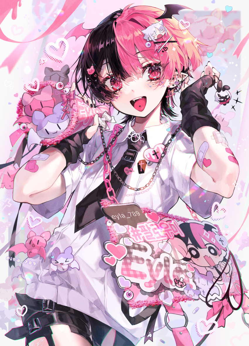 1boy, :d, artist_name, bag, bandaid, barbell_piercing, bat_(animal), bat_wings, black_gloves, black_hair, black_nails, black_necktie, black_ribbon, black_shirt, bow, buckle, chain, character_name, charm_(object), collared_shirt, commentary_request, cowboy_shot, cross, cross_earrings, demon_boy, earrings, eita_789, eyla_(eita_789), facial_mark, fangs, fingerless_gloves, fumi_(eita_789), gauze, gloves, hair_ornament, hairclip, hands_up, head_tilt, head_wings, heart, highres, holding, jewelry, kodona, korean_text, latin_cross, looking_at_viewer, male_focus, mole, mole_under_eye, multicolored_hair, multiple_piercings, nail_art, nail_polish, necktie, original, otoko_no_ko, piercing, pill, pink_bow, pink_eyes, pink_hair, pointy_ears, ribbon, shirt, short_sleeves, shorts, shoulder_bag, smile, split-color_hair, stud_earrings, tongue, tongue_piercing, two-tone_hair, white_bow, white_shirt, wings