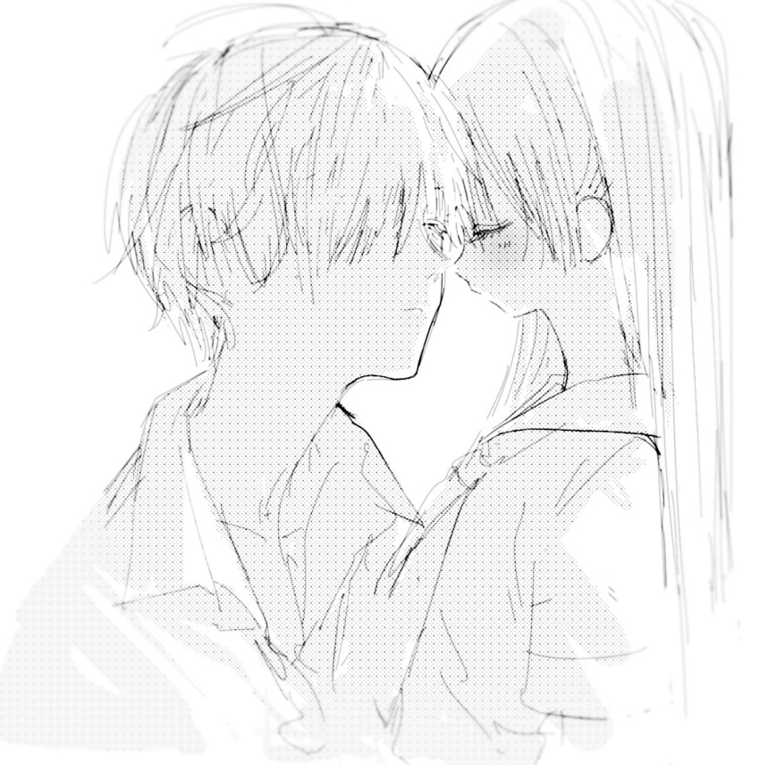 1boy, 1girl, blush, brother_and_sister, closed_eyes, collared_shirt, expressionless, face-to-face