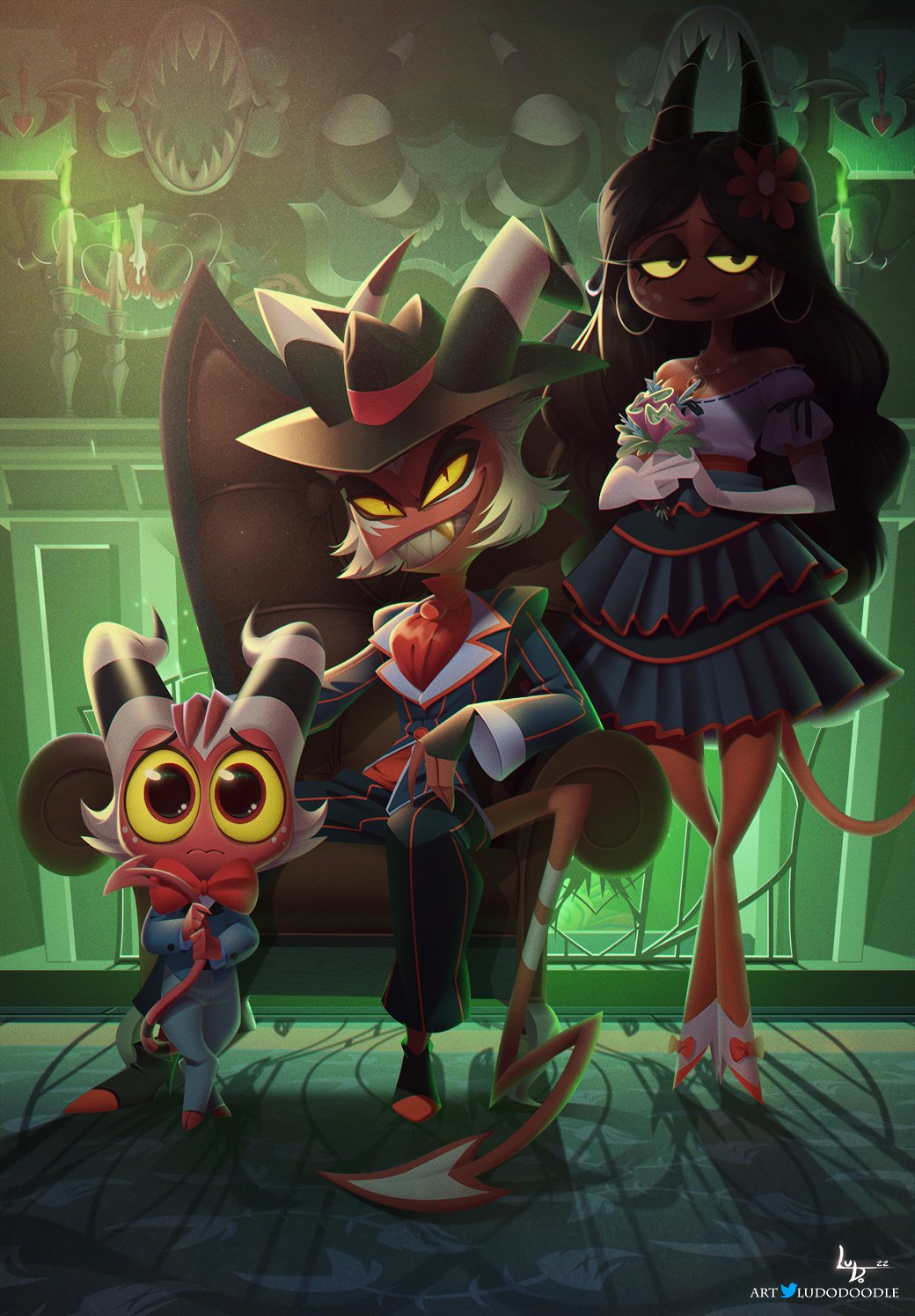 1girl, 2boys, 3:, black_suit, blue_skirt, bouquet, colored_sclera, colored_skin, crimson_knolastname, demon_tail, flower, formal, gloves, golden_tooth, hair_flower, hair_ornament, helluva_boss, highres, holding, holding_bouquet, holding_own_tail, horns, long_sleeves, looking_at_viewer, ludodoodle, mafia, moxxie_(helluva_boss), ms._knolastname, multiple_boys, necktie, official_art, portrait, red_eyes, red_skin, sharp_teeth, shirt, signature, skirt, smile, striped_horns, suit, tail, teeth, twitter_username, white_gloves, white_shirt