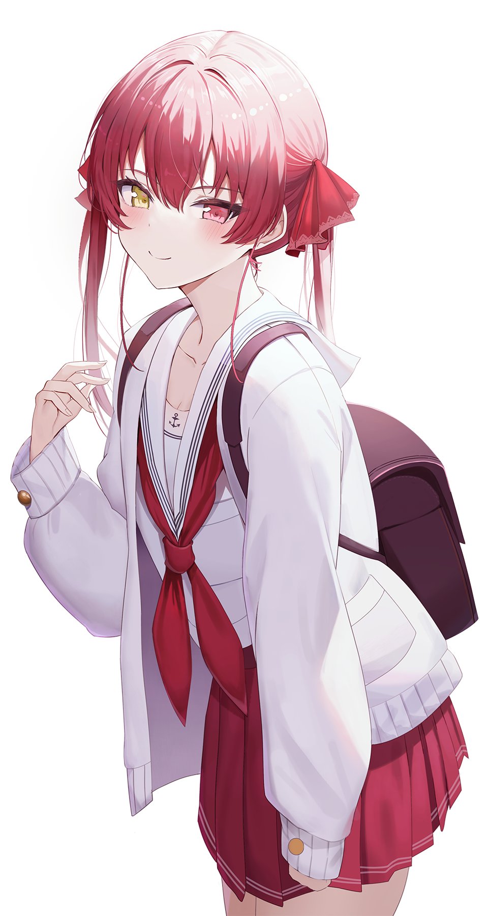 1girl, backpack, bag, blush, hair_ornament, hair_ribbon, heterochromia, highres