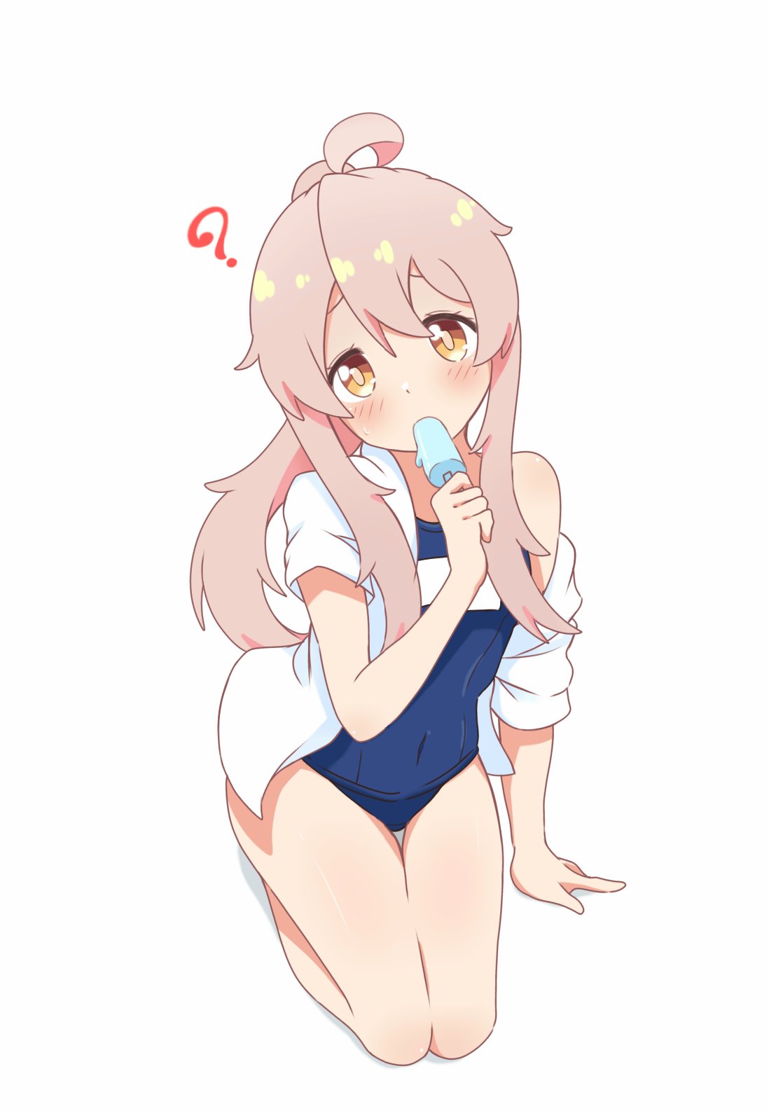 1girl, ?, ahoge, bare_legs, blue_one-piece_swimsuit, english_commentary, food, food_in_mouth, highres, kneeling, long_hair, off-shoulder_shirt, off_shoulder, one-piece_swimsuit, onii-chan_wa_oshimai!, open_clothes, open_shirt, oyama_mahiro, ponytail, popsicle, popsicle_in_mouth, school_swimsuit, shirt, solo, swimsuit, tedomi_kiro, white_background, white_shirt
