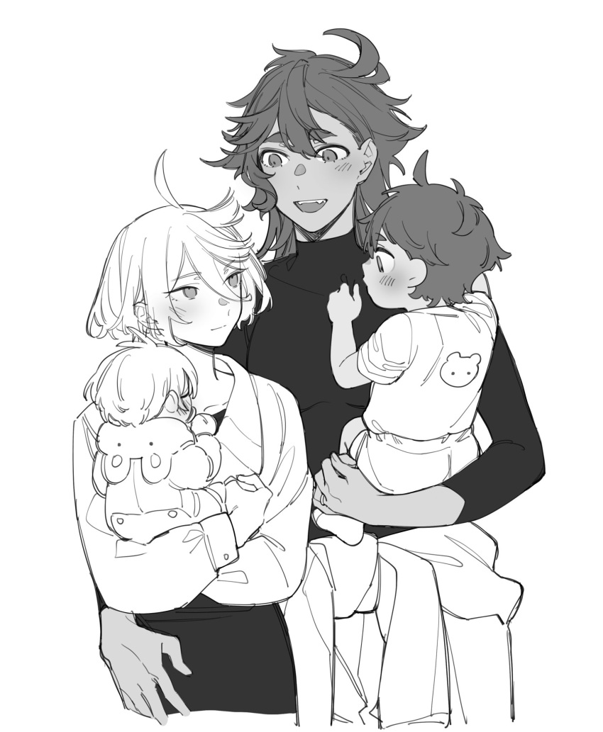 4girls, ahoge, dark-skinned_female, dark_skin, family, gundam, gundam_suisei_no_majo, hair_between_eyes, highres, holding_baby, if_they_mated, ips_cells, jewelry, long_hair, long_sleeves, looking_at_another, miorine_rembran, mobile_suit_gundam, monochrome, mother_and_daughter, multiple_girls, pencil_skirt, ring, skirt, smile, suletta_mercury, thick_eyebrows, wedding_ring, wife_and_wife, yuri, zhuotian