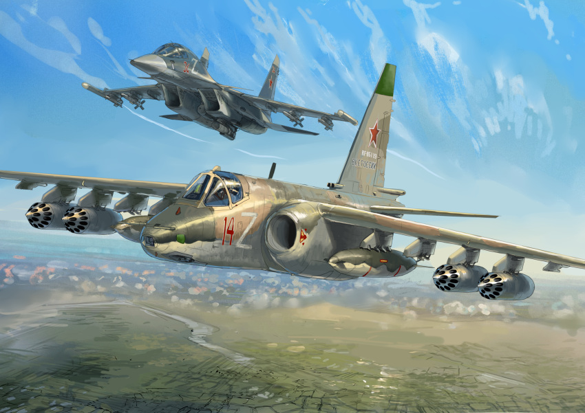 absurdres, aircraft, airplane, blue_sky, clouds, commentary_request, fighter_jet, flying