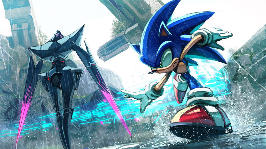 1boy, 1girl, armor, black_armor, disembodied_limb, furry, furry_male, gloves, glowing, glowing_weapon, green_eyes, kornart, narrow_waist, ninja_(sonic_frontiers), no_humans, rain, red_footwear, robot, ruins, running, shoes, sonic_(series), sonic_frontiers, sonic_the_hedgehog, standing, sword, weapon, white_gloves