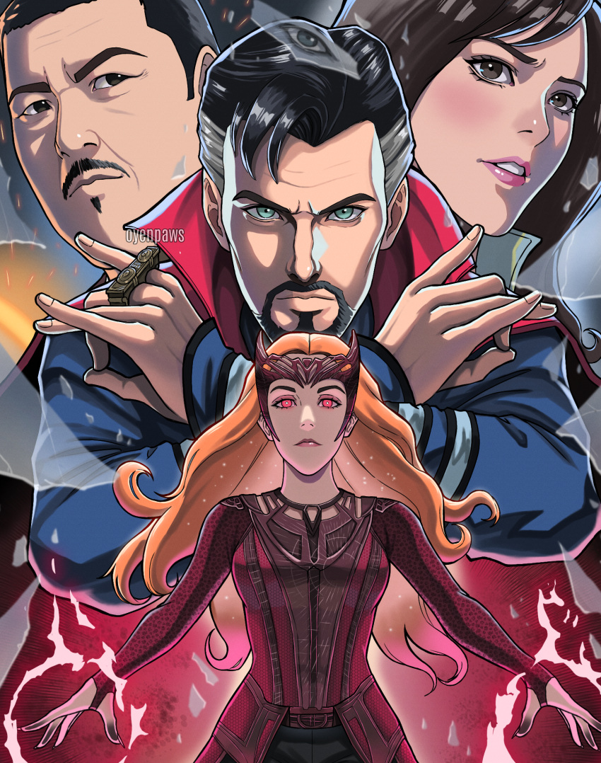 2boys, 2girls, animification, artist_name, aura, beard, black_hair, blue_eyes, brown_hair, cape, casting_spell, character_request, disembodied_eye, doctor_strange, doctor_strange_in_the_multiverse_of_madness, facial_hair, grey_hair, highres, long_hair, looking_at_viewer, magic, male_focus, marvel, marvel_cinematic_universe, multicolored_hair, multiple_boys, multiple_girls, mystical_high_collar, oyenpaws, red_cape, red_eyes, redhead, robe, scarlet_witch, short_hair, superhero, teeth, two-tone_hair, witch, wizard