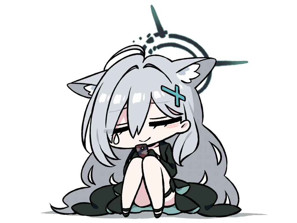 1girl, animal_ear_fluff, animal_ears, black_dress, blue_archive, cellphone, chan_co, chibi
