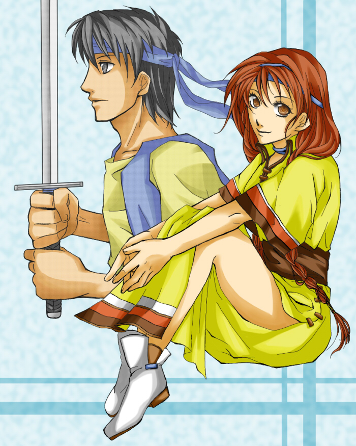 braid, brown_eyes, couple, female, grey_eyes, grey_hair, headband, hix, long_hair, male, redhead, shi-gi, shoes, short_hair, suikoden, suikoden_i, suikoden_ii, sword, tengaar, twin_braids