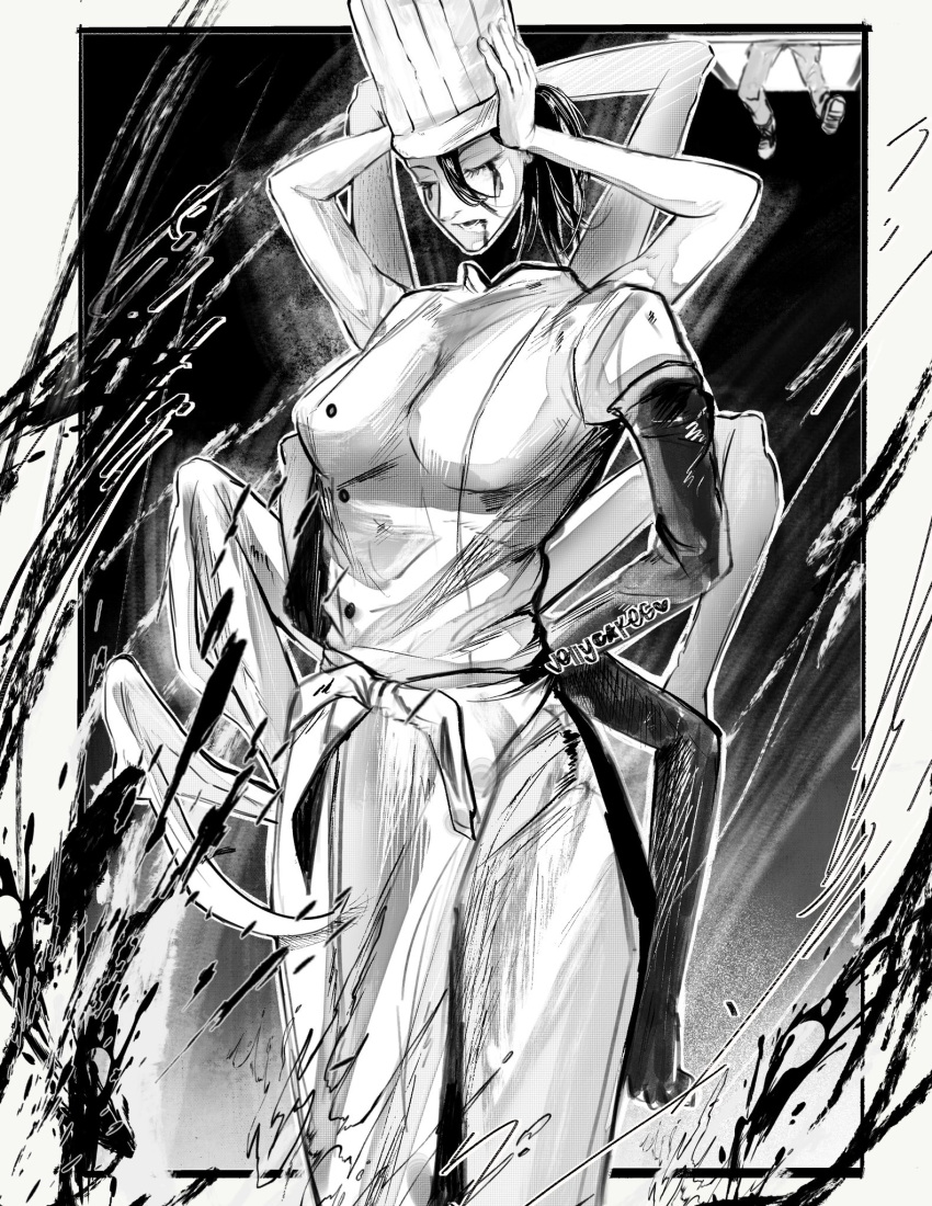 1girl, apron, arms_behind_back, arthropod_limbs, artist_name, black_blood, black_hair, black_tears