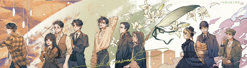 2boys, 6+boys, abstract_background, absurdres, arm_behind_back, bag, beard, benson_moretti