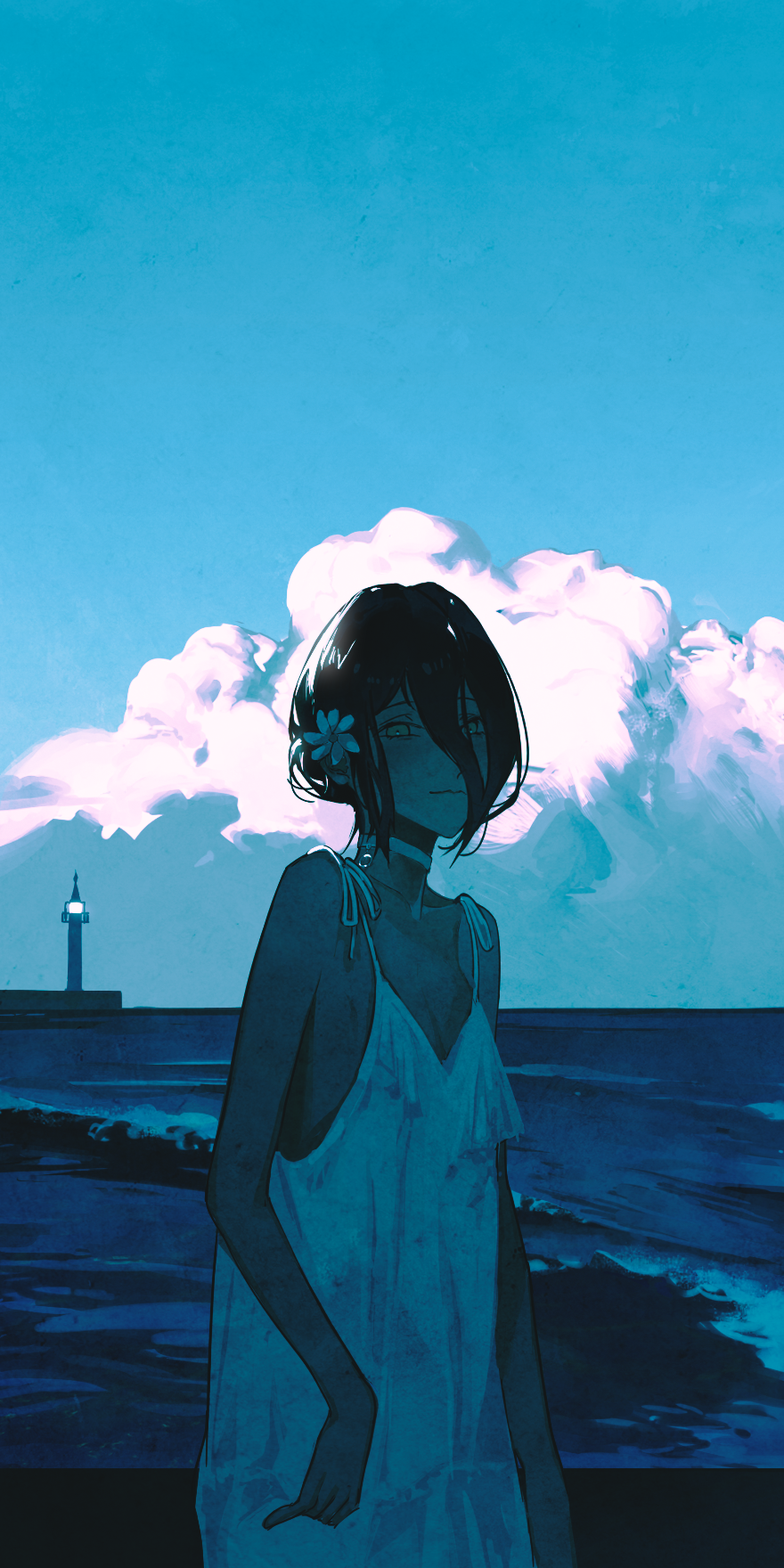 1girl, bare_arms, bare_shoulders, beach, black_hair, blue_sky, blue_theme, blush, breasts, chainsaw_man, choker, closed_mouth, clouds, cloudy_sky, collarbone, dress, flower, grenade_pin, hair_between_eyes, hair_bun, hair_flower, hair_ornament, highres, horizon, lighthouse, long_bangs, looking_at_viewer, morning, no_bra, outdoors, reinene, reze_(chainsaw_man), shore, single_hair_bun, sky, sleeveless, sleeveless_dress, small_breasts, solo, sundress, water, white_choker, white_dress, white_flower