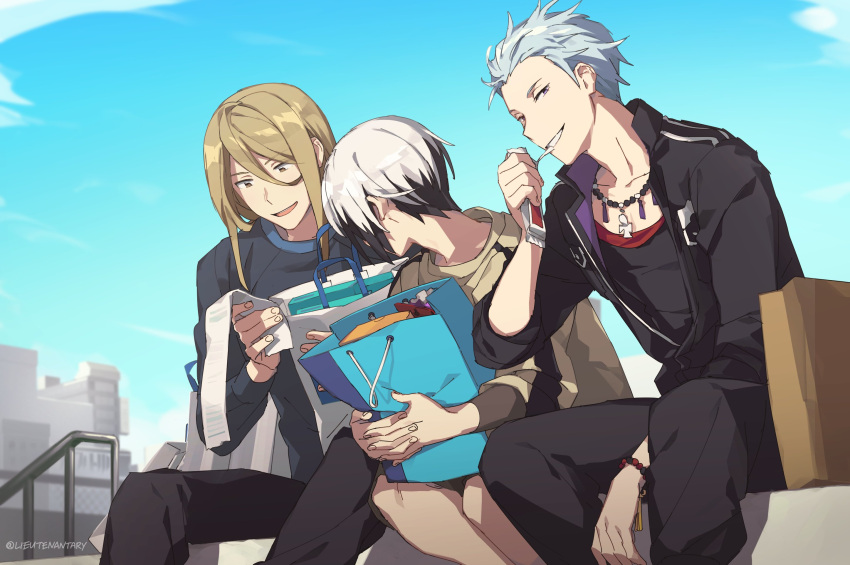 3boys, bag, black_hair, blonde_hair, blue_hair, blue_sky, bracelet, brown_eyes