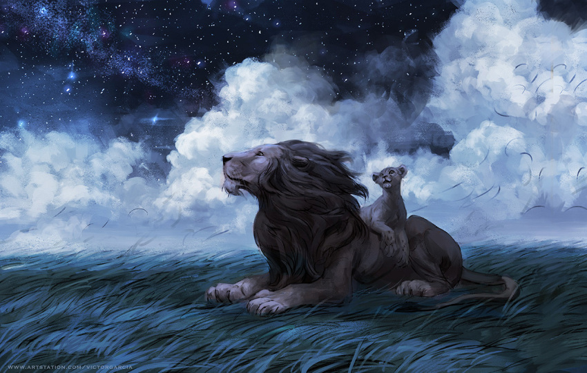 2boys, brown_hair, clouds, father_and_child, father_and_son, fatherly, grass, lion