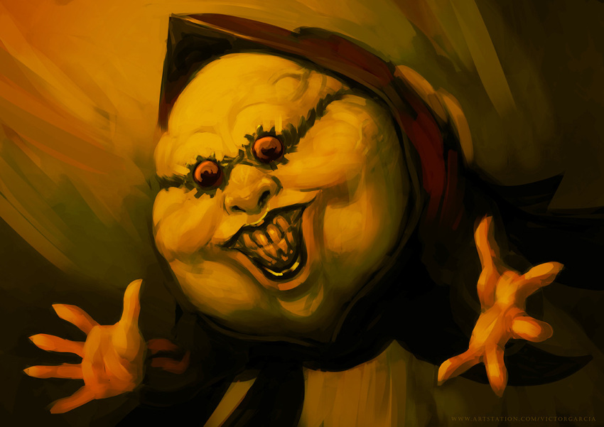 1boy, arms_up, artstation_username, bald, berserk, demon, evil_smile, fantasy