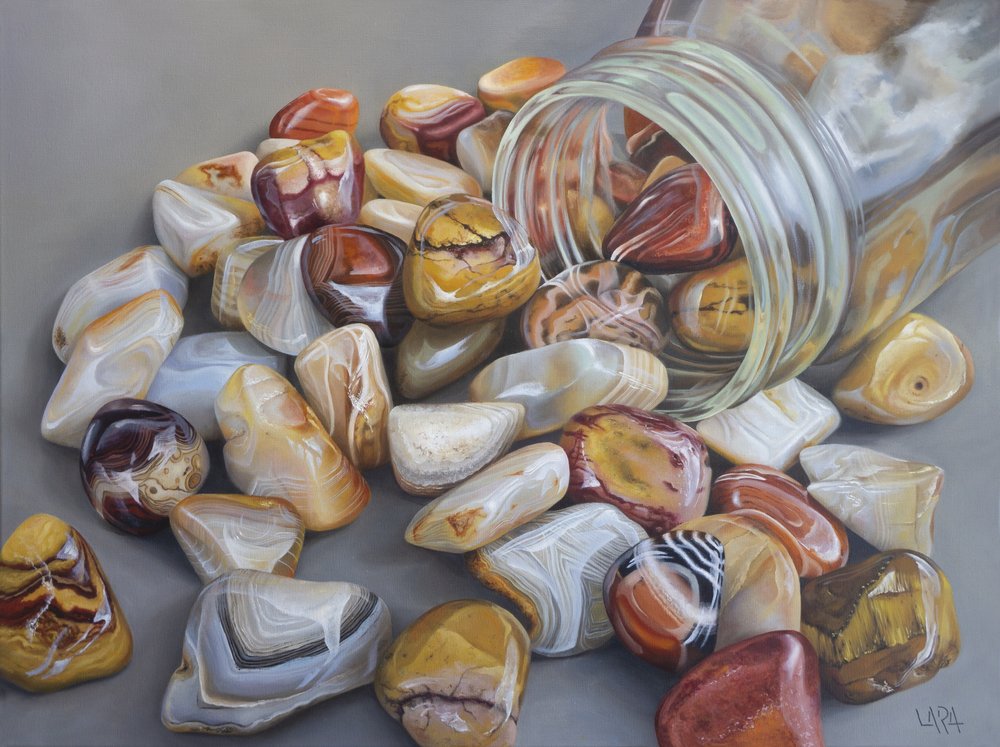 agate, artist_name, grey_background, jar, lara_restelli, no_humans, oil_painting_(medium), painting_(medium)