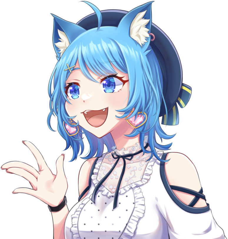 1girl, 774_inc., \||/, ahoge, black_ribbon, blue_eyes, blue_hair, blue_headwear, blush, breasts, clothing_cutout, commentary_request, earrings, fang, frilled_shirt, frills, hair_between_eyes, heart, heart_earrings, jewelry, looking_afar, medium_breasts, neck_ribbon, open_mouth, reona_kfc02, ribbon, shirt, short_hair, shoulder_cutout, simple_background, smile, solo, souya_ichika, transparent_background, upper_body, virtual_youtuber, white_shirt, wristband