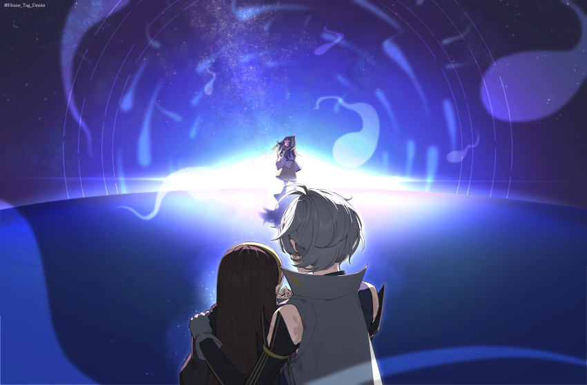 1girl, 2boys, ^_^, absurdres, black_shirt, blonde_hair, brown_hair, cape