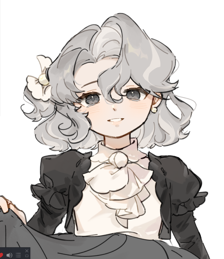 1girl, aged_down, alternate_color, alternate_costume, artist_name:zzhenpotatochips, asymmetrical_hair, bags_under_eyes, black_dress, black_eyes, black_skirt, blouse, blush, chibi, child, clothes_lift, cookie_run, curly_hair, dress, dress_lift, earrings, empty_eyes, eye_focus, eyelashes, frilled_shirt, frills, grey_hair, hair_between_eyes, hair_ornament, hair_scrunchie, hair_tie, half-closed_eyes, jewelry, lace, lifted_by_self, light_smile, lips, long_dress, long_skirt, long_sleeves, looking_at_viewer, mismatched_pupils, multicolored_hair, one_eye_covered, oyster_cookie, parted_lips, pink_lips, puffy_long_sleeves, puffy_sleeves, ribbon, roots_(hair), scrunchie, shaded_face, shirt, short_hair, side_ponytail, simple_background, sketch, skirt, skirt_hold, skirt_lift, smile, smiley_face, solo, staring, two-tone_hair, upper_body, wavy_hair, white_background, white_ribbon, white_shirt