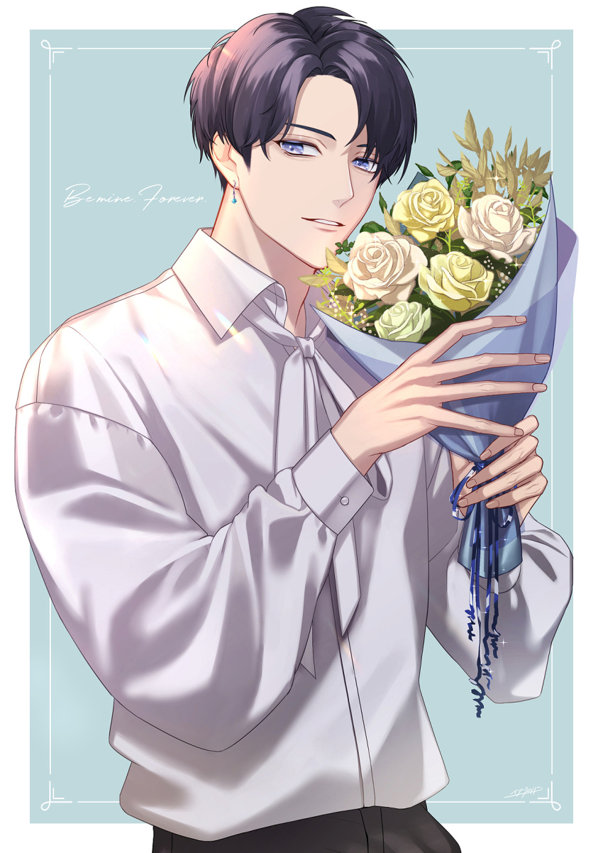 1boy, black_hair, blue_background, blue_eyes, bouquet, earrings, english_text, flower