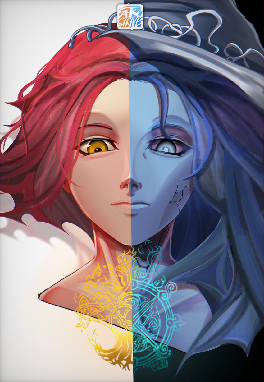 absurdres, artist_logo, blue_eyes, blue_hair, blue_skin, brown_eyes, close-up, closed_mouth, colored_skin, cracked_skin, elden_ring, hat, highres, large_hat, long_hair, medium_hair, melina_(elden_ring), ranni_the_witch, redhead, satsu-strive, simple_background, split_screen, two-tone_background, witch, witch_hat