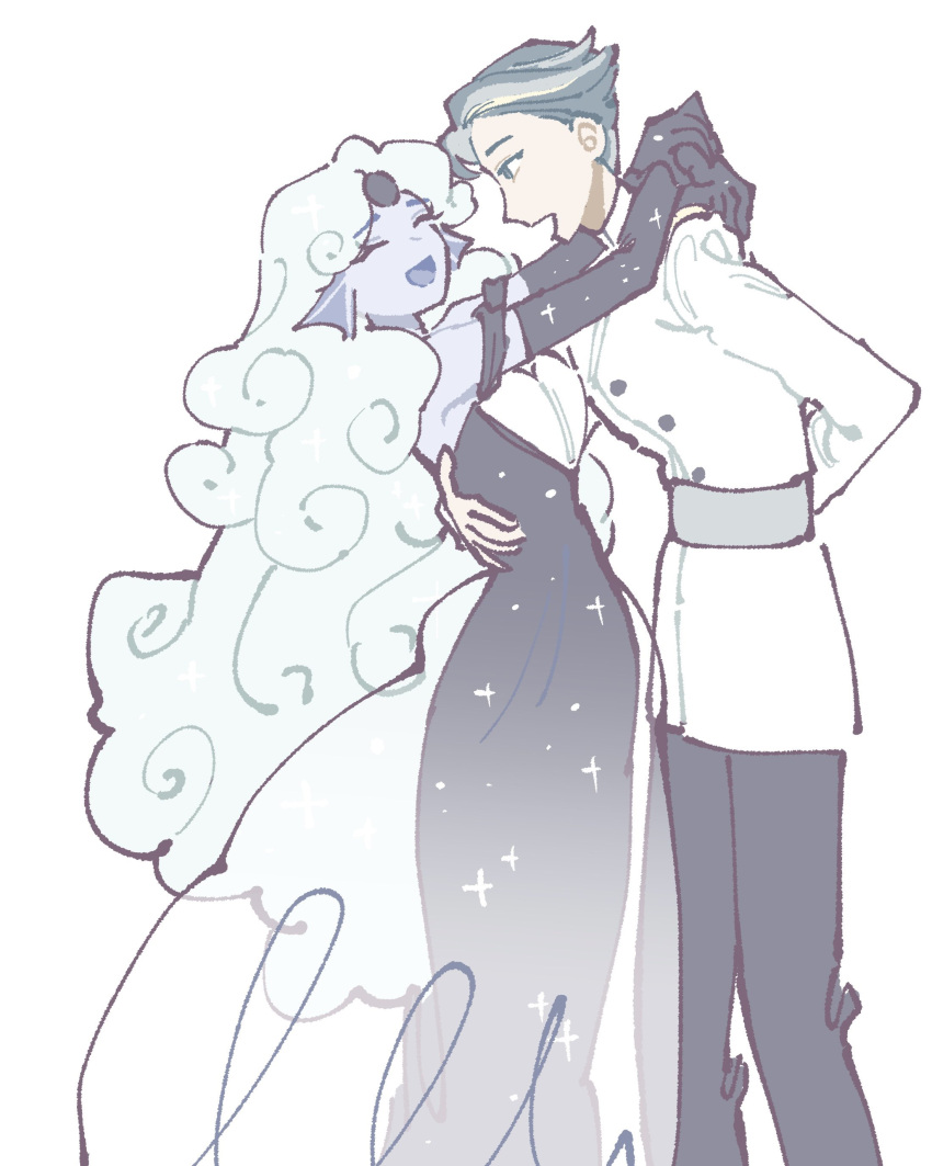 1boy, 1girl, absurdres, adapted_costume, alternate_hair_color, aqua_hair, arched_back, arm_around_waist, arm_behind_back, arm_hug, arms_up, black_dress, black_gloves, black_pants, black_pearl_cookie, blue_eyes, blue_hair, buttons, carrying, carrying_under_arm, closed_eyes, cloud_hair, colored_skin, cookie_run, curly_hair, dark_blue_hair, dress, elbow_gloves, eyelashes, face-to-face, facepalm, facial_mark, food, forehead_mark, gloves, grin, hair_slicked_back, hand_on_another's_waist, hand_up, happy, head_down, head_fins, highres, hug, humanization, interlocked_fingers, jewelry, long_dress, long_eyelashes, looking_down, mermaid, monster_girl, multicolored_hair, open_mouth, outstretched_arms, own_hands_clasped, own_hands_together, pants, roots_(hair), rude_rudy, see-through, see-through_dress, shell, short_hair, sideways_mouth, simple_background, sketch, smile, smiley_face, sparkle, standing, strapless, strapless_dress, streaked_hair, twisted_torso, two-tone_hair, undercut, uniform, upturned_eyes, very_short_hair, waist_hug, wavy_hair, white_background, white_skin