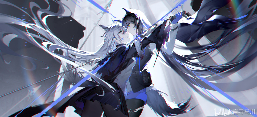 2girls, absurdres, animal_ears, arknights, arm_up, black_cape, black_gloves, black_hair