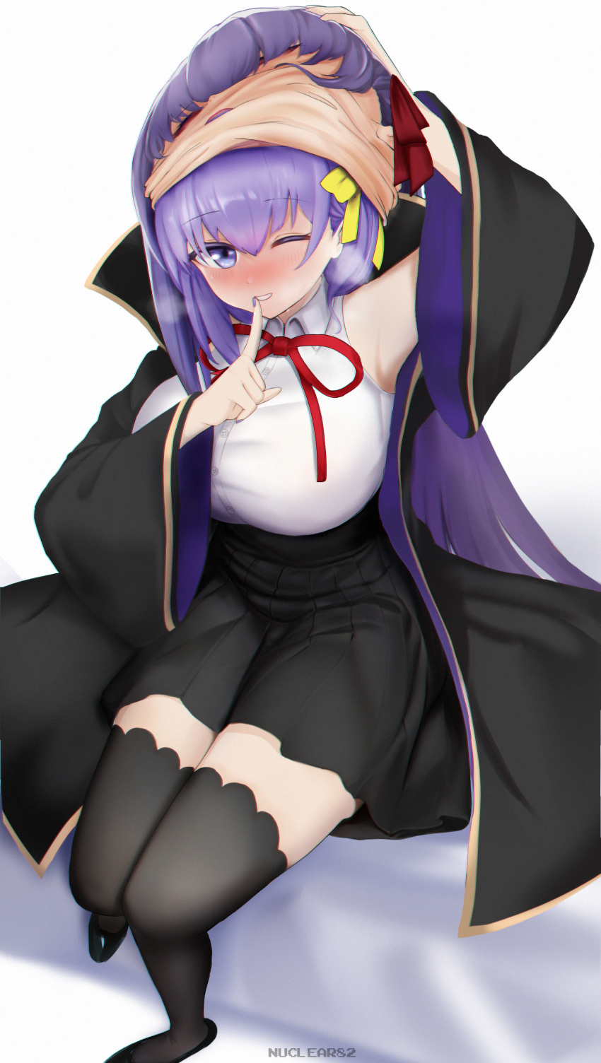 1girl, absurdres, animegao, bare_shoulders, bb_(fate), black_coat, blush, bow