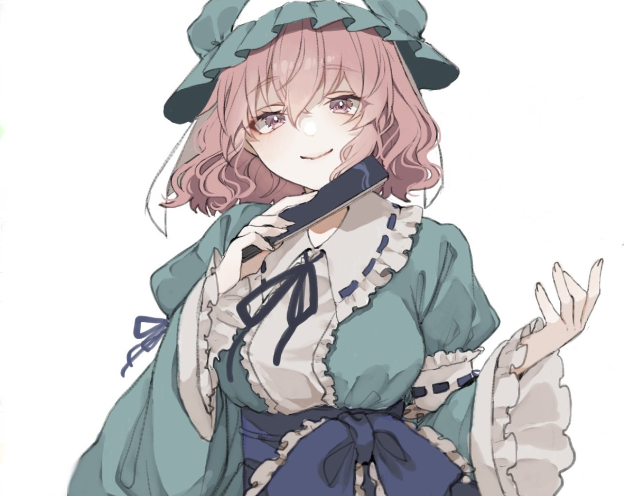 1girl, blue_headwear, blue_kimono, closed_mouth, folded_fan, folding_fan, frilled_kimono, frilled_sleeves