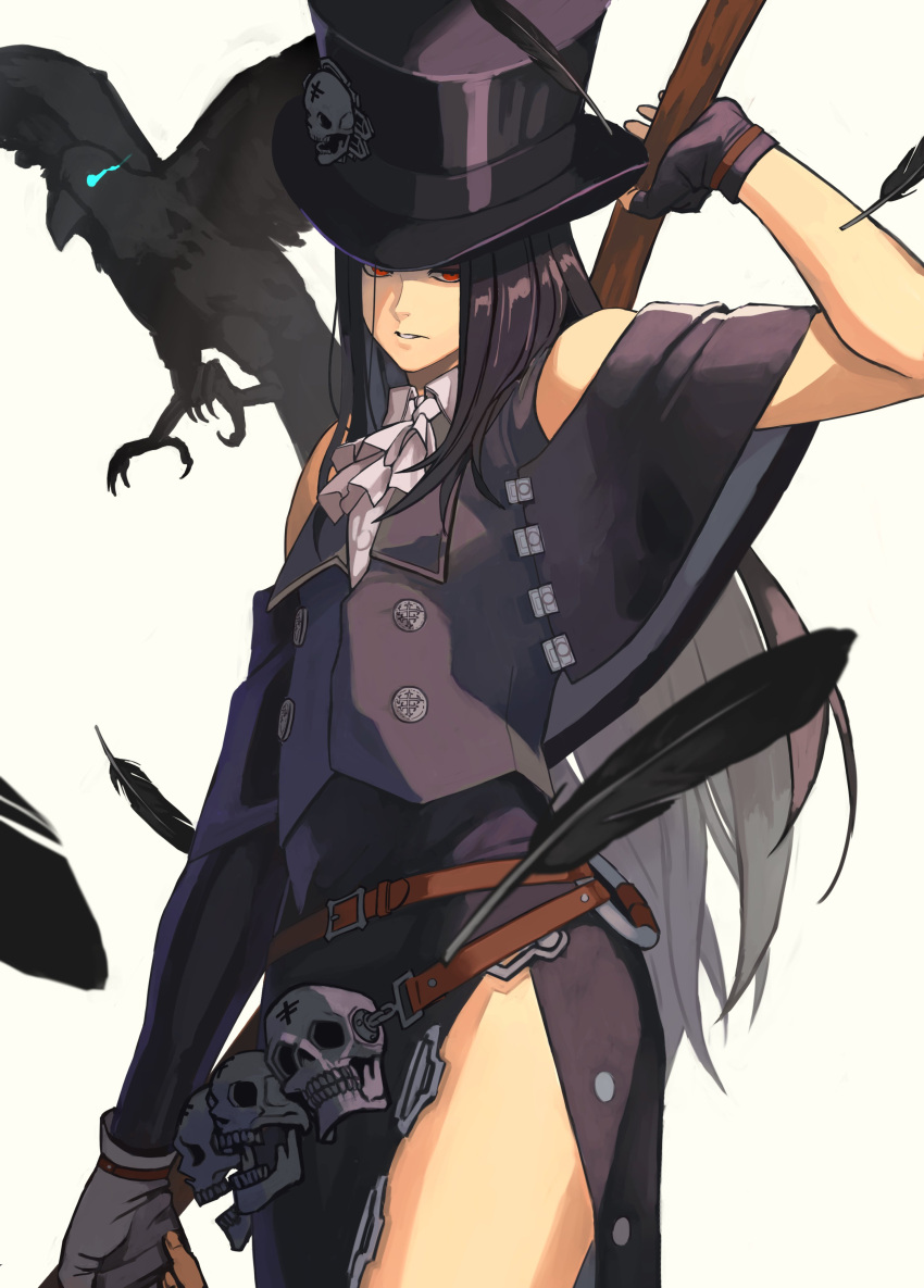 1other, absurdres, androgynous, ascot, asymmetrical_gloves, bare_shoulders, bird, black_feathers