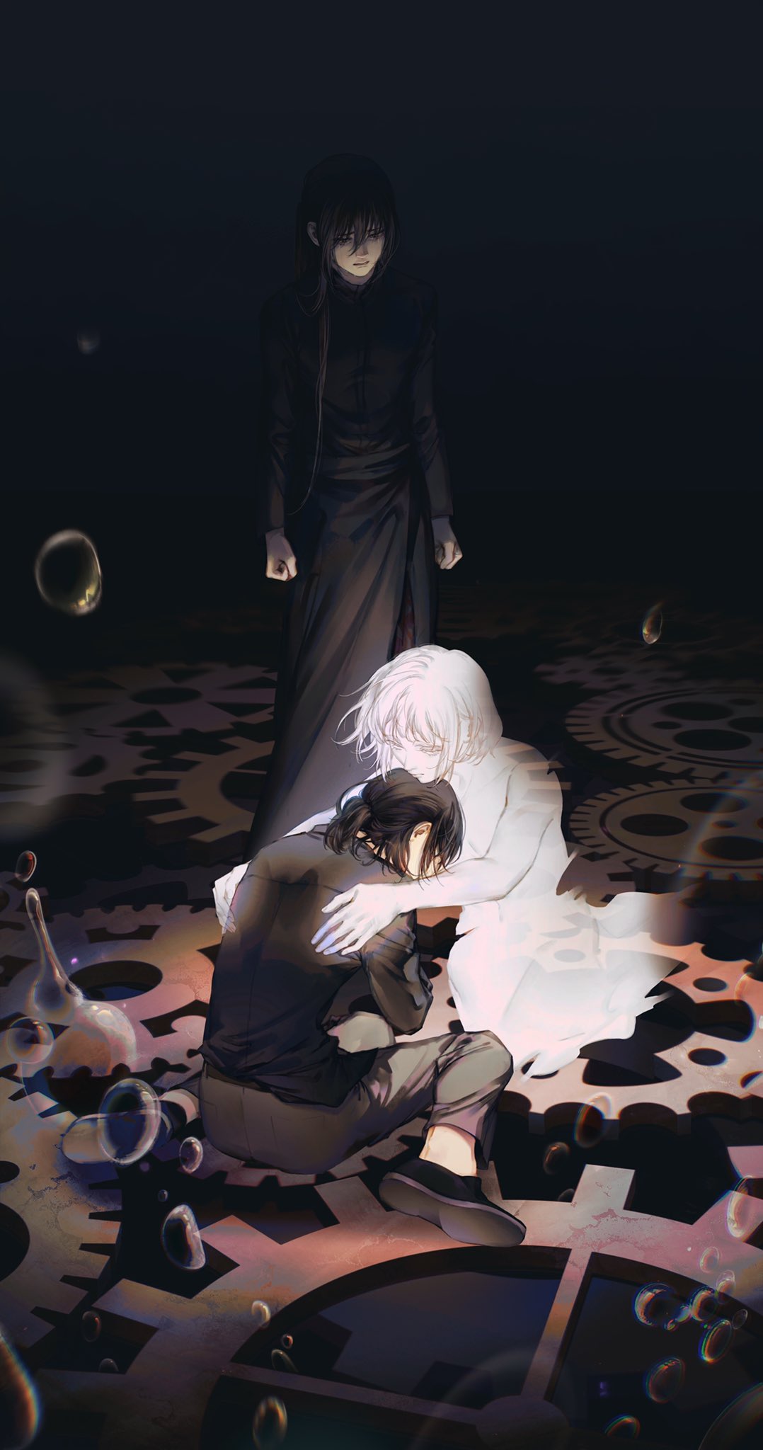 3boys, black_hair, black_shirt, clenched_hand, crying, crying_with_eyes_open, gears, ghost