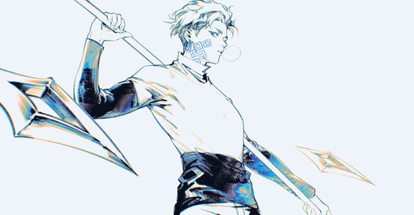 1boy, blue_eyes, blue_theme, chewing_gum, earrings, facial_mark, floating, highres