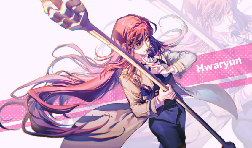 1girl, black_pants, black_vest, character_name, closed_mouth, coat, collared_shirt, english_text